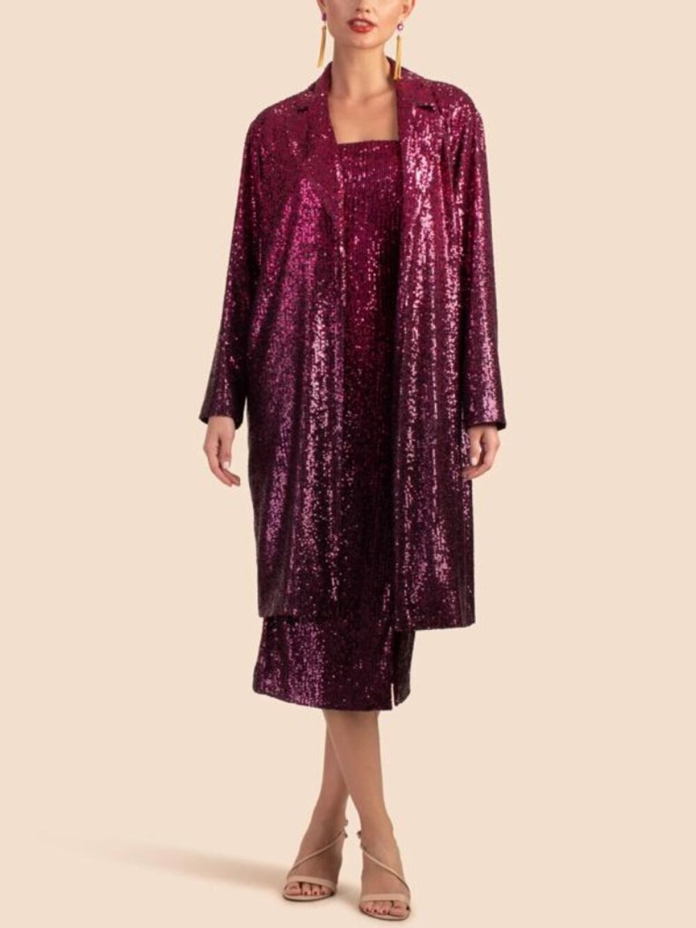 Trina Turk Pisces Metallic Sequin Longline Jacket Festive Fuchsia Plum $498 NWT